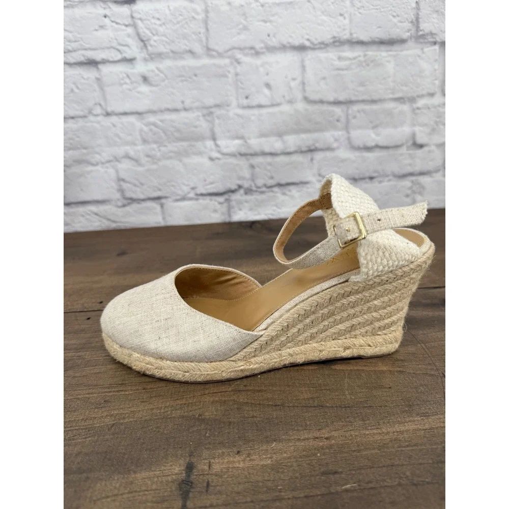 J.Crew Womens Linen Espadrille Wedge Sandals Natural Oatmeal Size 7 Buckle Strap